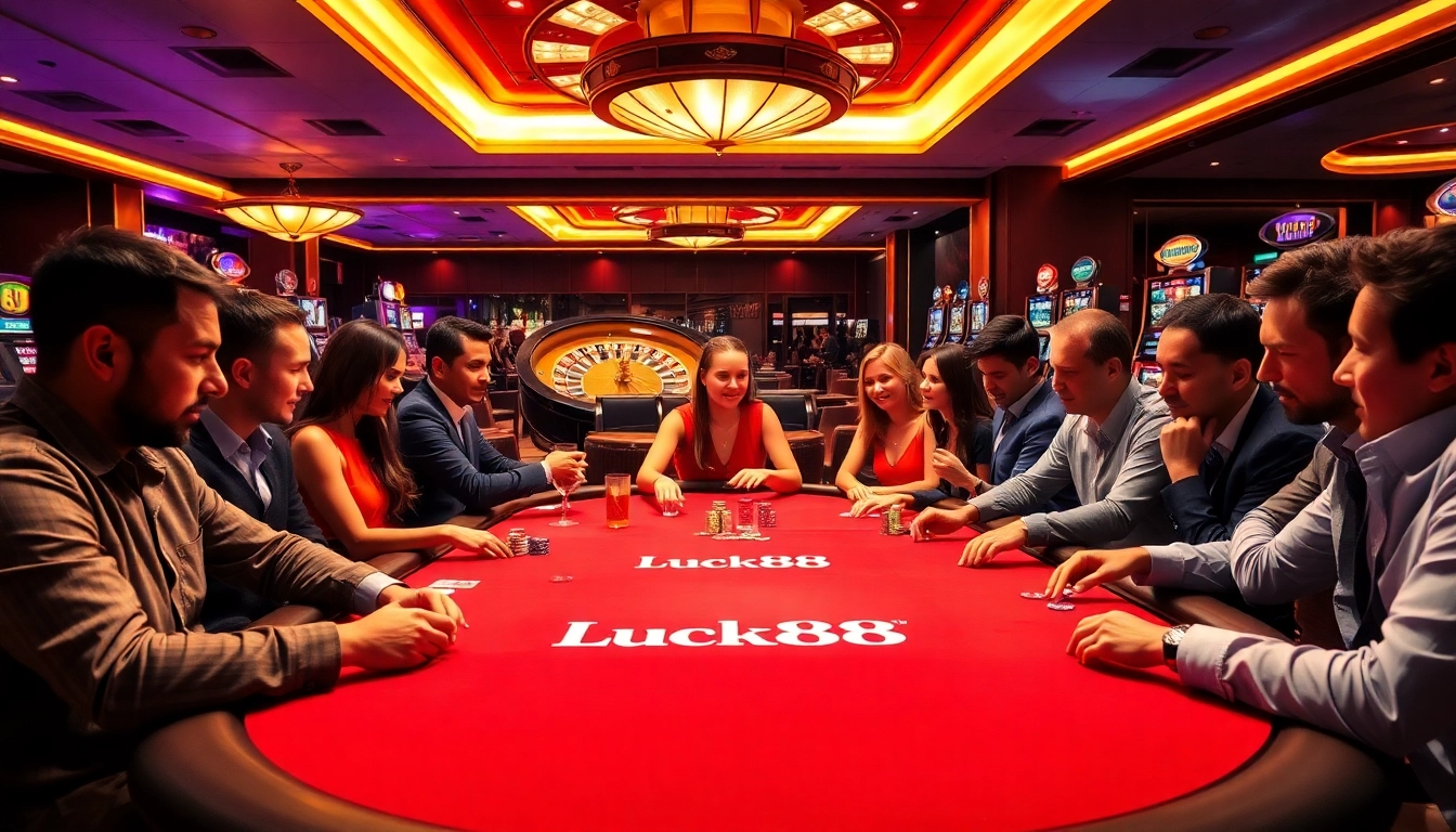 Gambling enthusiasts enjoy the thrill of Luck88 at a luxurious casino table, featuring poker chips and vibrant slot machines.