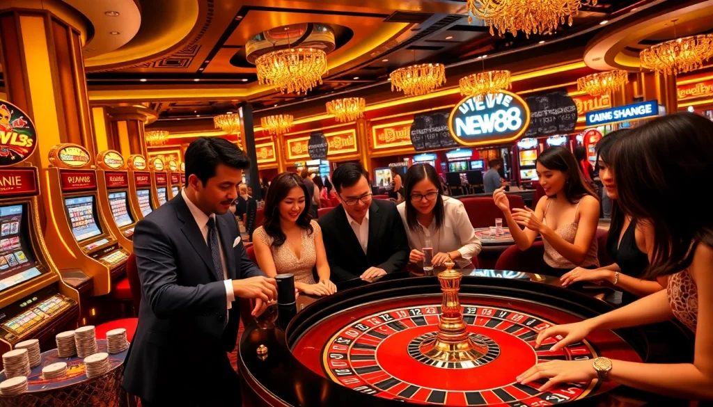 Players engaging in a thrilling casino experience at NEW88, showcasing excitement and professionalism.