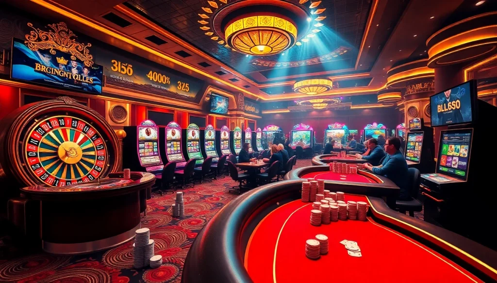 A lively casino atmosphere showcasing games and players at https://bl555.uk.com/, featuring roulette, slots, and poker tables, radiating excitement.