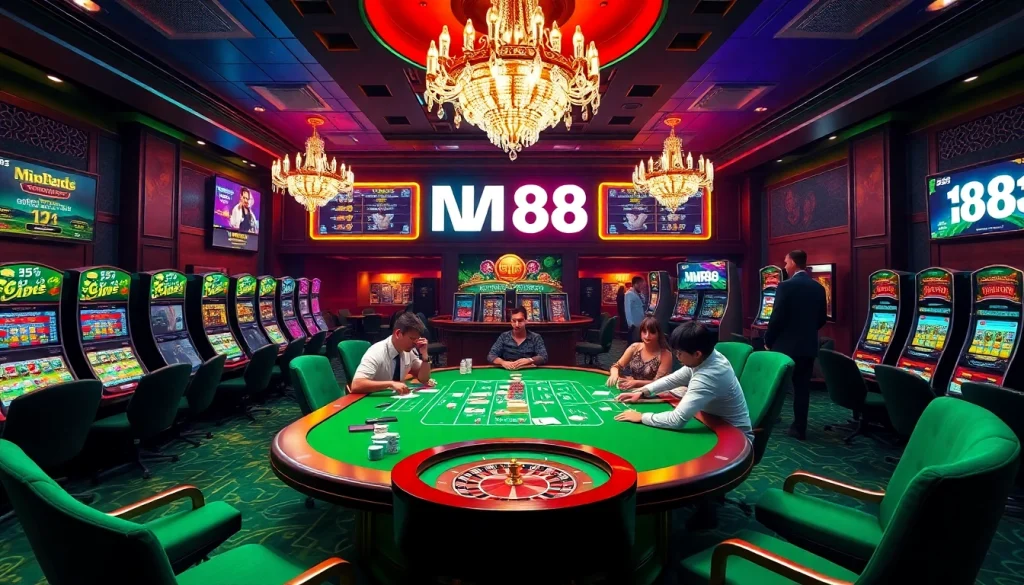 Engaged players experiencing MM88's online casino with vibrant slot machines and poker tables.