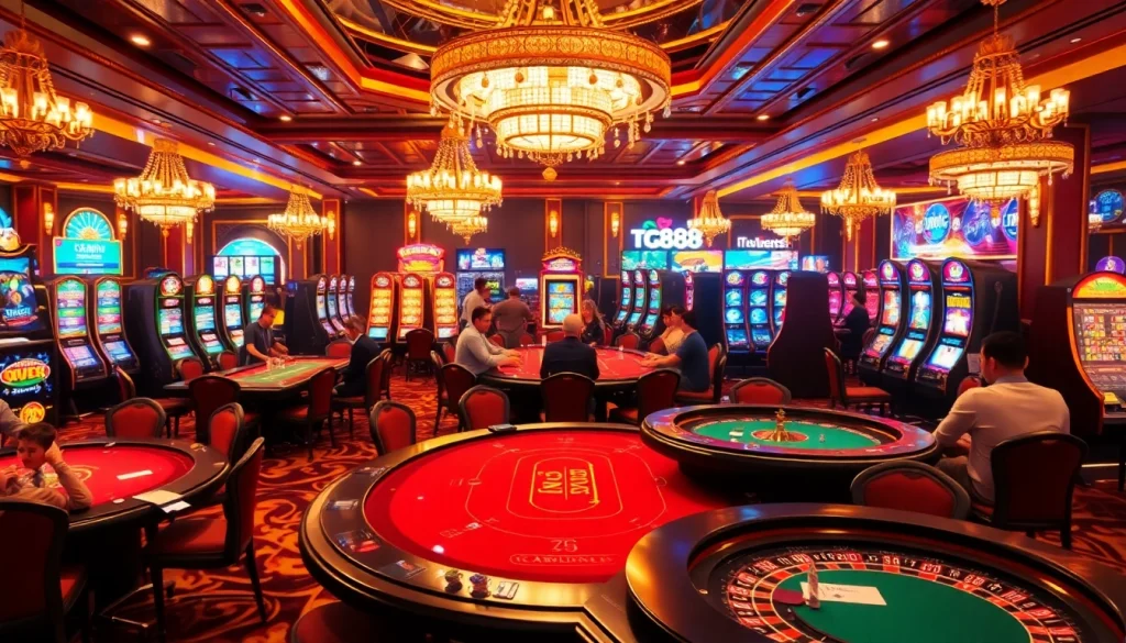 Experience the thrill of tg88 with vibrant casino gaming, featuring poker tables and dynamic slot machines.