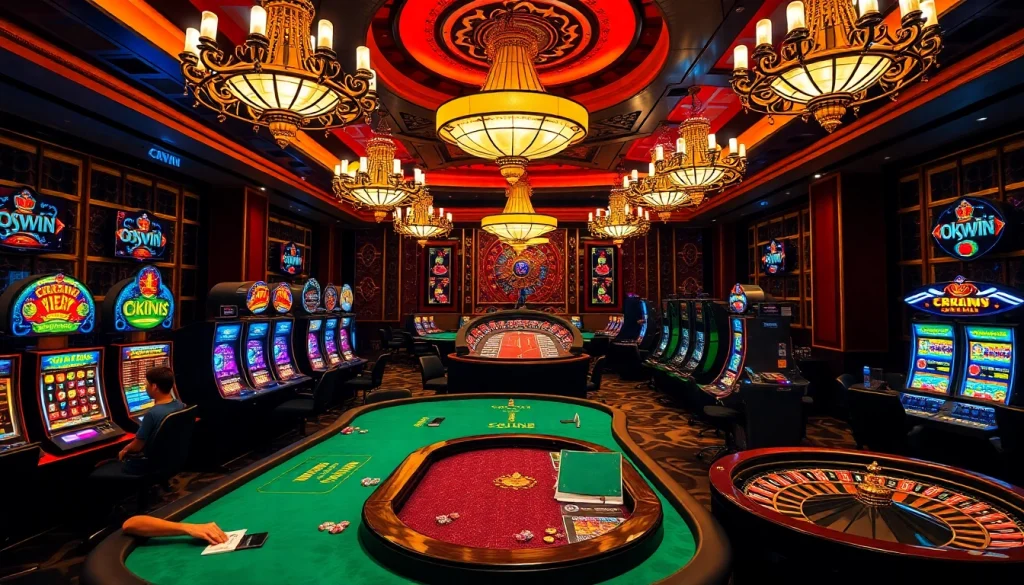 Exciting casino scene showcasing professional poker players and vibrant okwin slot machines.