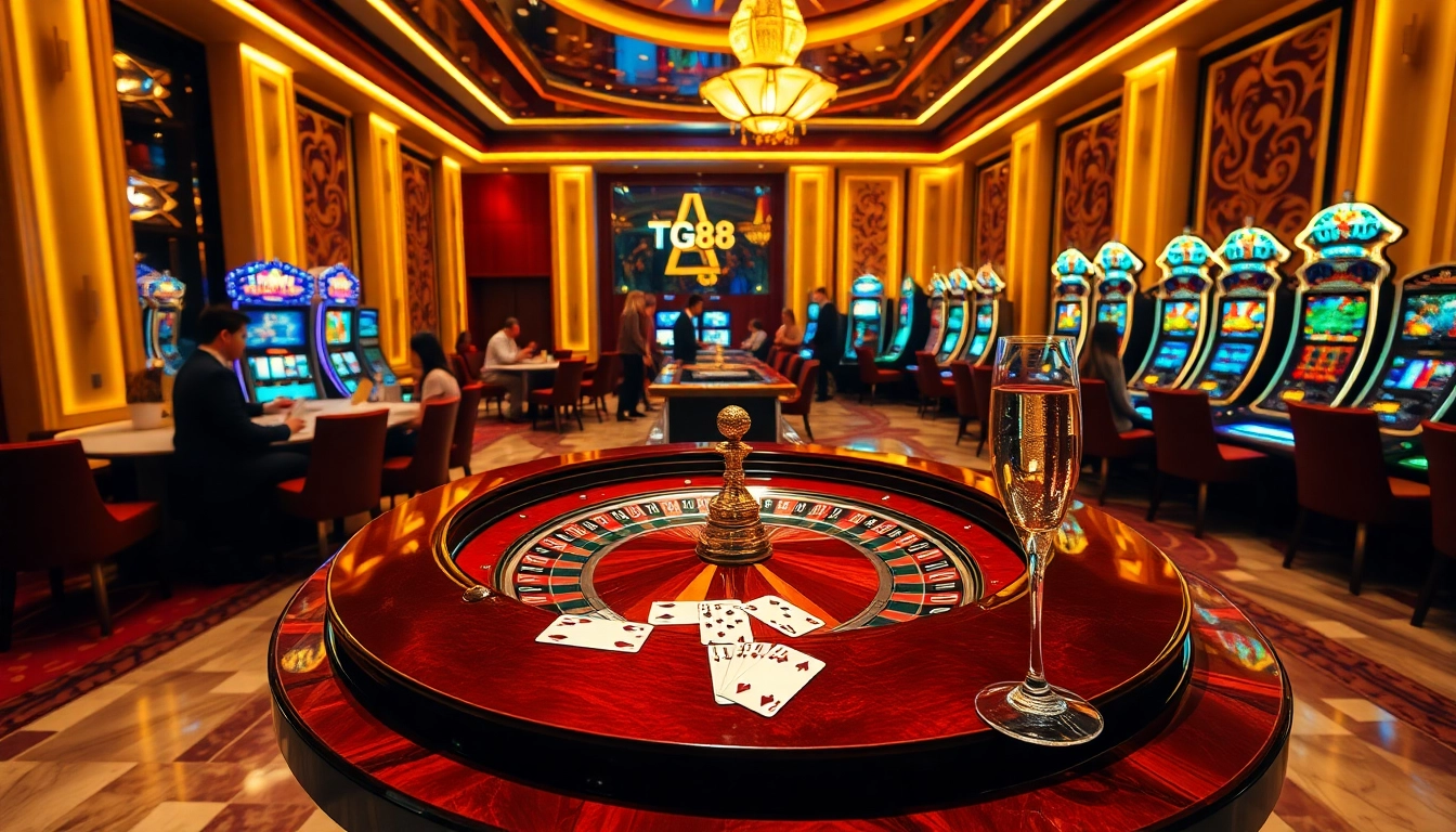 Excited players engaging at the TG88 casino tables with colorful chips and drinks.