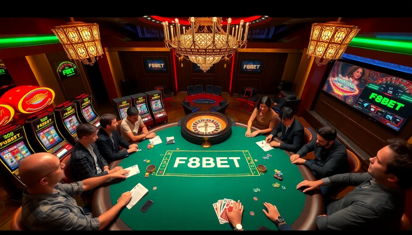 F8BET players enjoying a high-stakes poker game at a luxurious casino table.