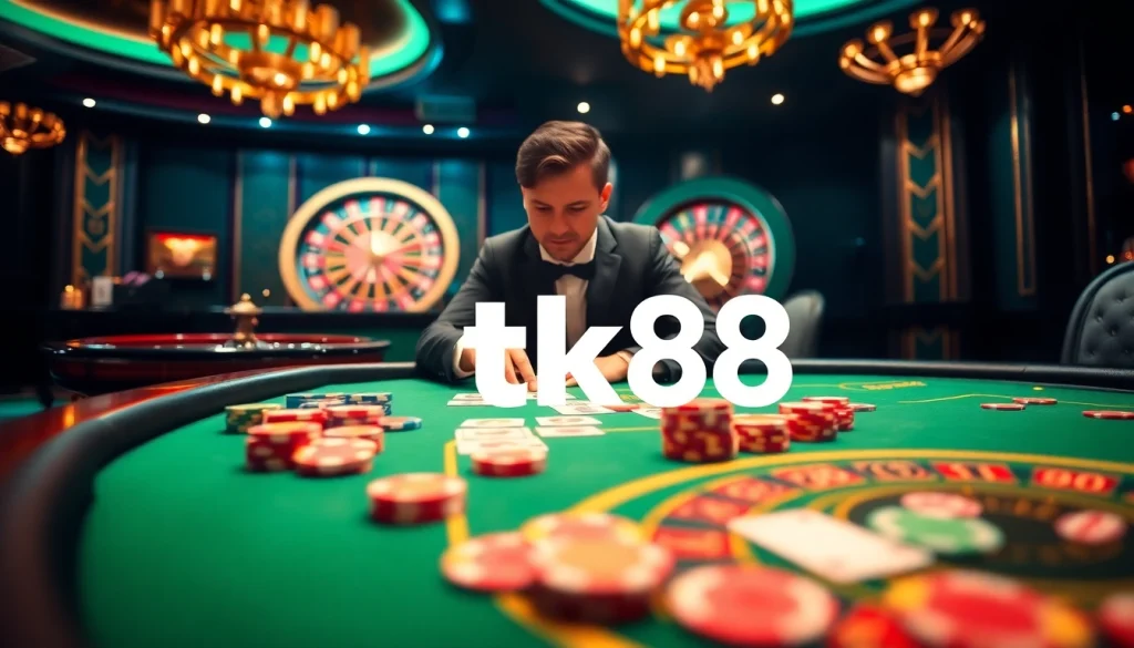 Experience thrilling gameplay at tk88 with vibrant casino tables and exciting betting action.