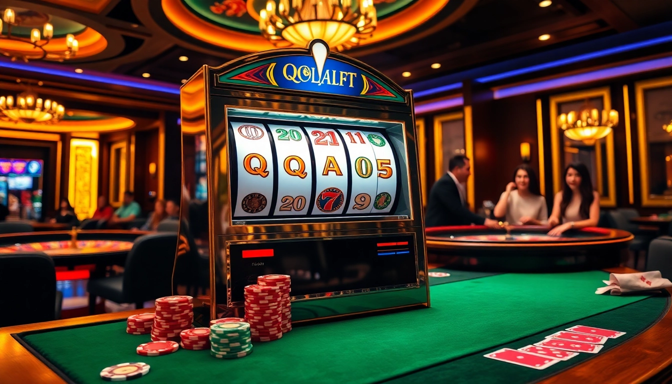 A player enjoys a thrilling moment at the QQALFA slot machine in a luxurious casino ambiance.