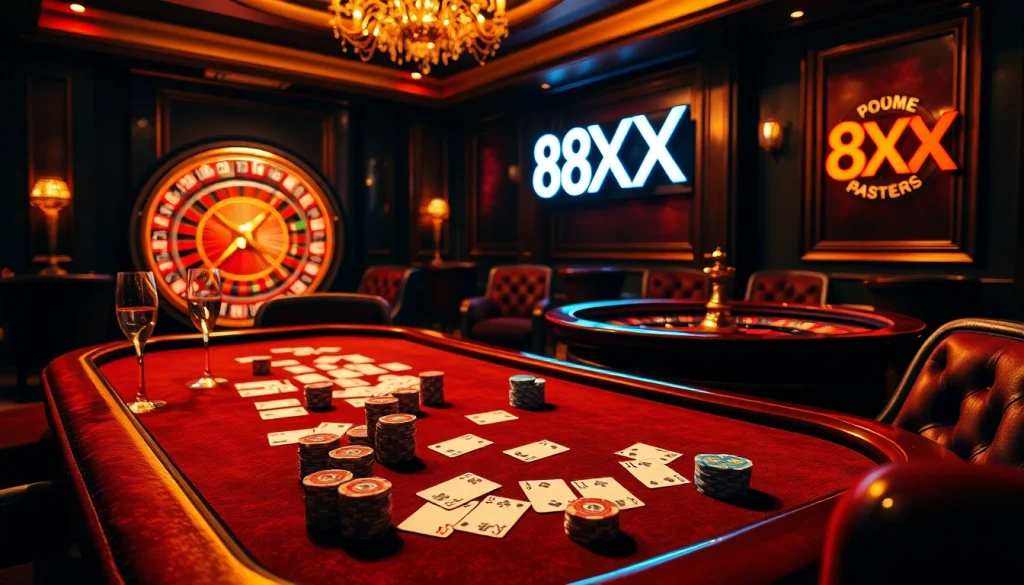 High-stakes poker action at a casino table featuring 8XX betting chips and luxurious ambiance