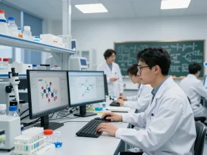 Scientist analyzing mb66 research data in a modern lab setting.