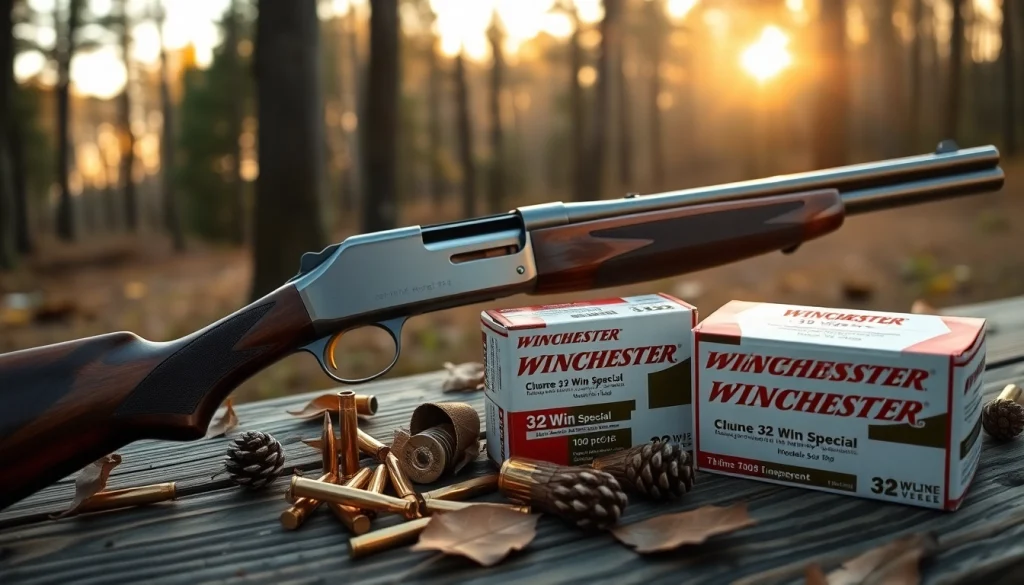 32 win special rifle and ammunition displayed in a rustic forest setting.