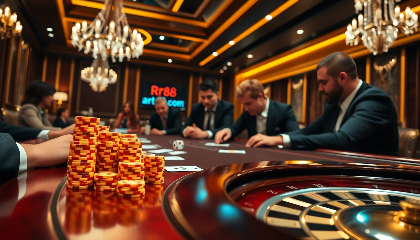 Experience the excitement of rr88 com with professional poker players at a luxurious casino table.