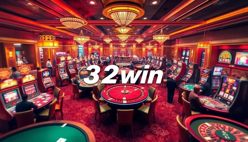 Players experiencing thrilling moments at 32win casino, surrounded by vibrant games and luxurious decor.