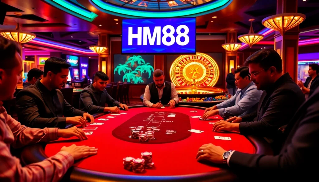 Experience elite poker action at HM88 in a luxurious casino setting.