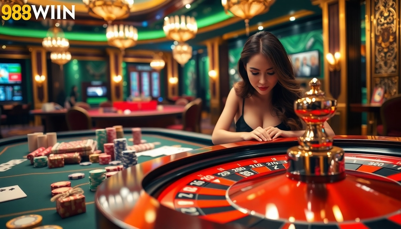 Experience the thrill of gambling at 98WIN's luxurious casino with live action on the roulette wheel.