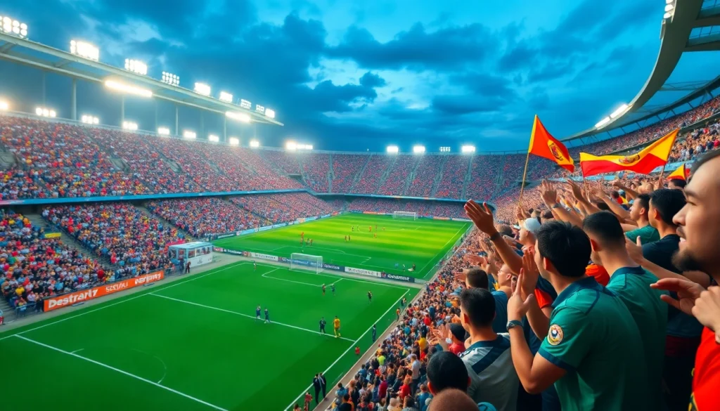 Bongdanet platform capturing the excitement of a live football match with cheering fans and vibrant team colors.