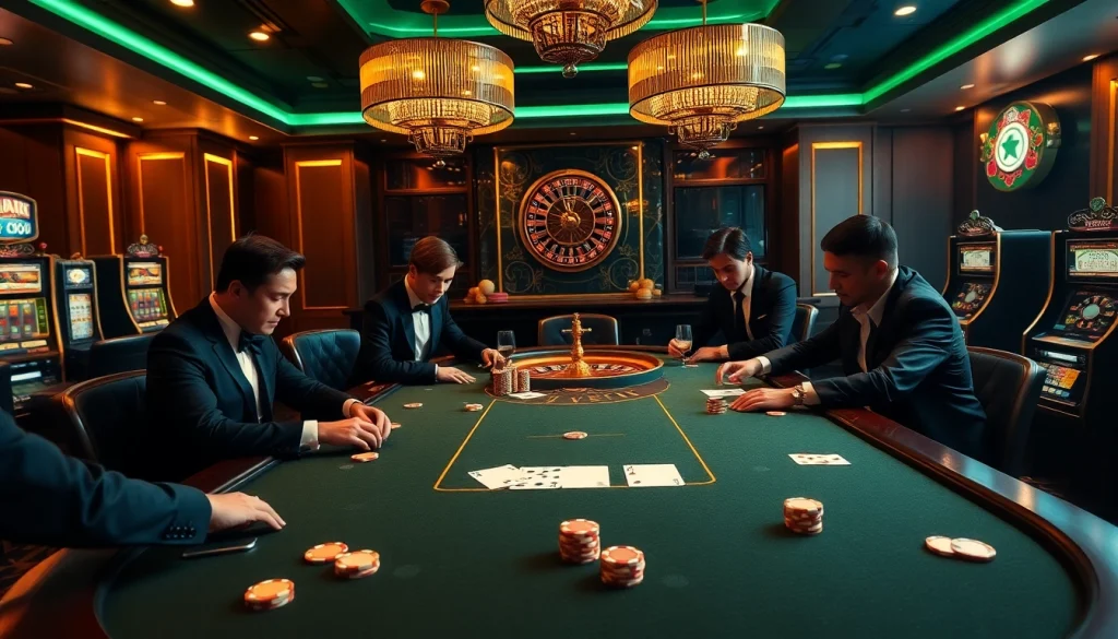 Engaged players strategizing at a poker table representing nhà cái sky88's elite gambling experience.
