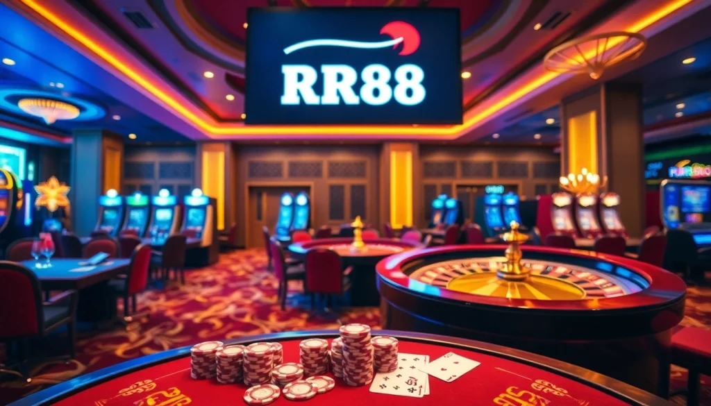 Experience the thrill of gaming with RR88 in a luxurious casino setting featuring tables and chips.