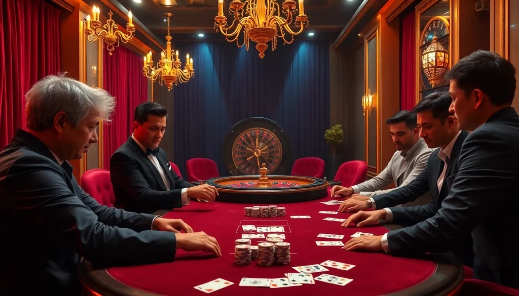 Players strategizing at a high-stakes poker table in a luxurious casino, featuring dh88-themed poker chips.