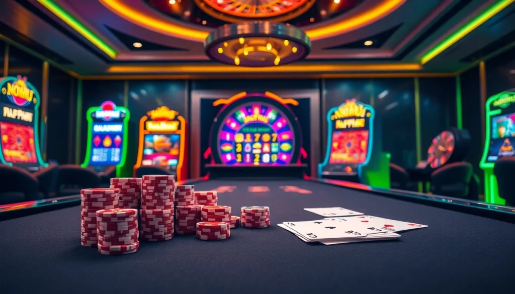 Experience the excitement of NOHU at a luxurious online casino with vibrant slot machines and elegant poker tables.