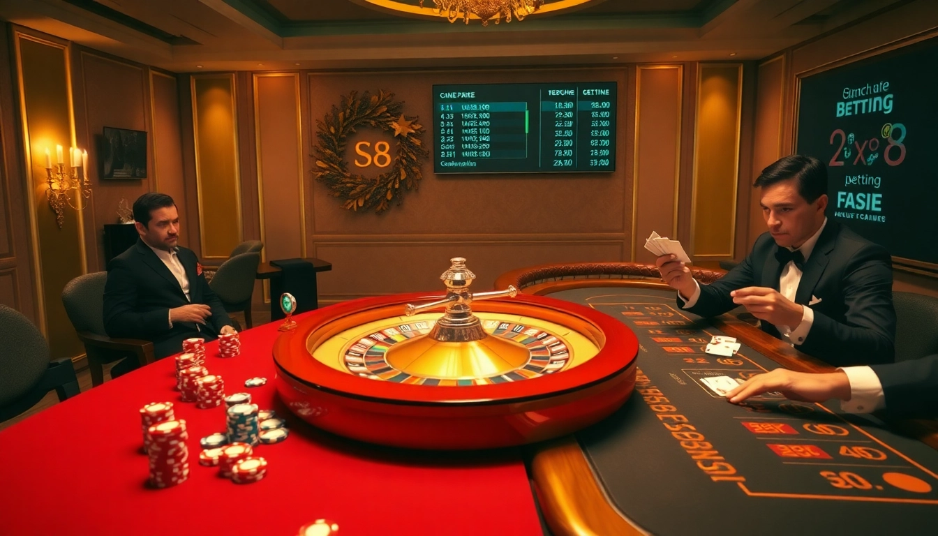 Experience the thrill of S8 betting with a vibrant casino scene featuring a roulette wheel and poker table.