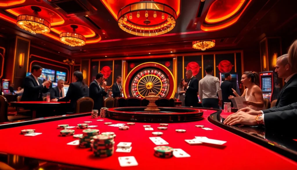 A vibrant casino scene featuring alo789 with players at tables, poker chips, and a roulette wheel.