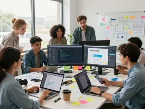 Developers showcasing App Five88 features in a collaborative tech workspace.