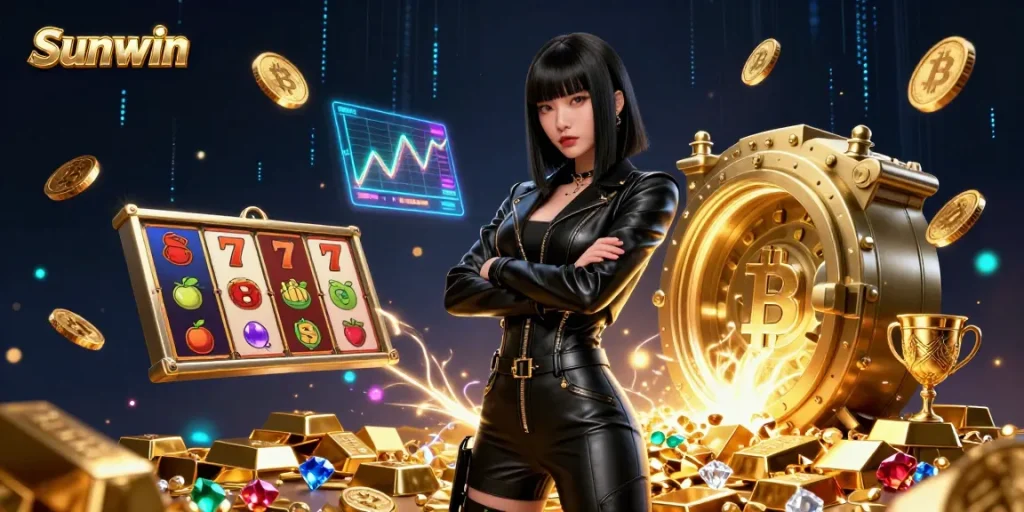 Sunwin casino showcasing vibrant slot elements and a captivating gaming atmosphere with rich gold accents.