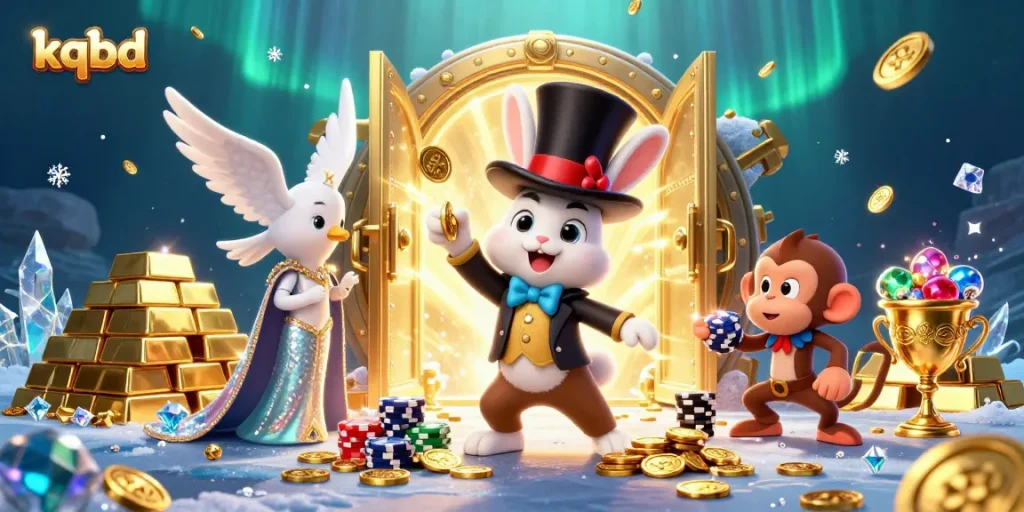 Experience thrilling kqbd action with a 3D magician rabbit revealing golden treasures amidst vibrant casino imagery.