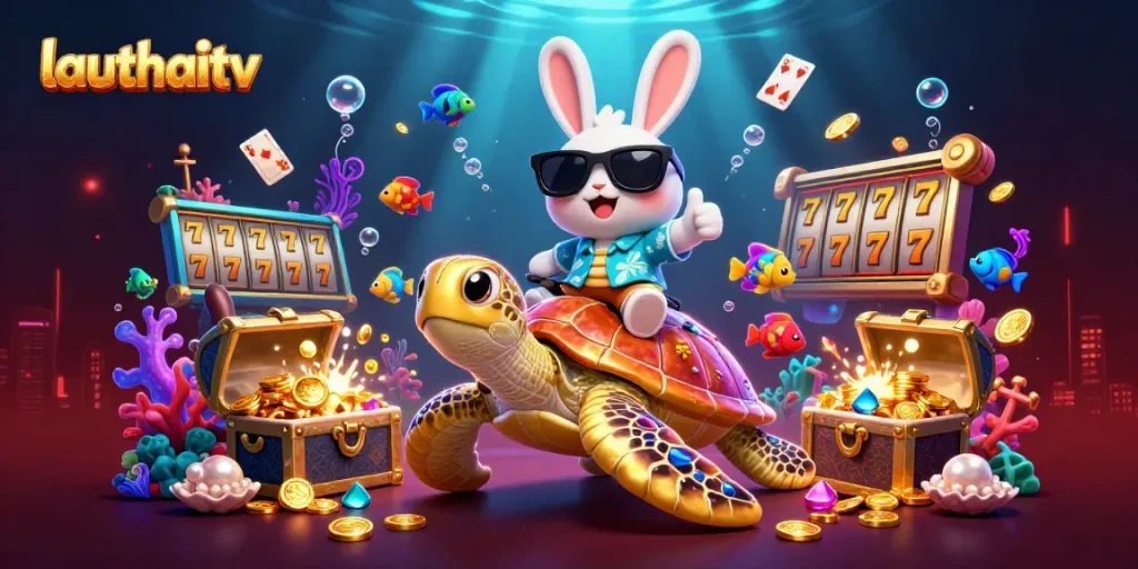 Experience gambling excitement with lauthaitv's colorful scene of a rabbit on a sea turtle amidst treasure.