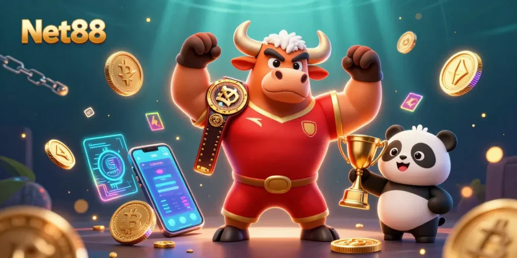 Bet on Net88 with a dynamic 3D illustration of a victorious bull mascot surrounded by crypto elements.