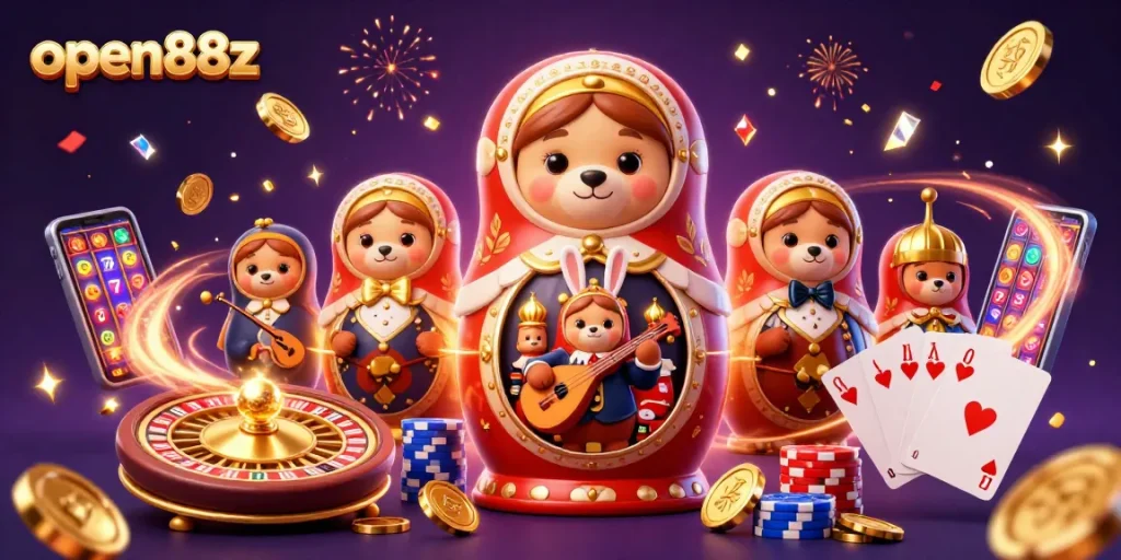 Engage with open88z in this festive 3D illustration showcasing a vibrant casino atmosphere filled with playful characters and game elements.