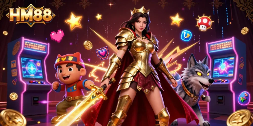 Engage with the exciting world of HM88, showcasing a warrior queen and her wolf companion amidst vibrant gaming elements.
