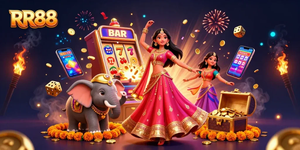 Experience exciting gameplay with RR88, featuring a stunning scene of vibrant casino action, colorful characters, and jackpot elements.