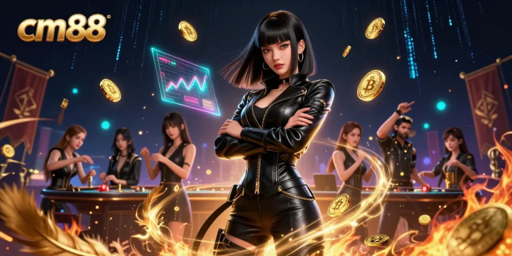 Experience thrilling betting with cm88 at a vibrant 3D casino illustration featuring dynamic characters and elements.