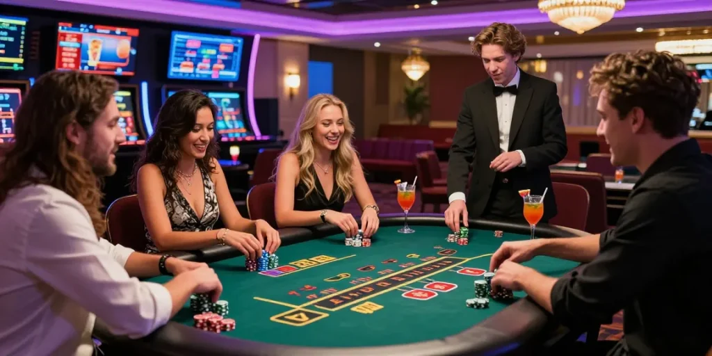 Exciting casino gaming experience with friends around a blackjack table at 123b