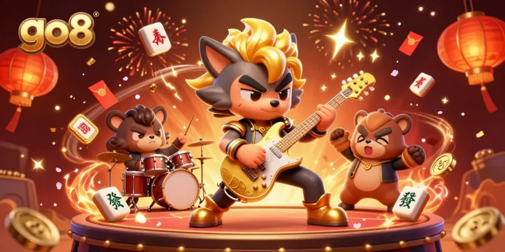 Experience the excitement of go8 casino gaming with vibrant 3D characters in a festive scene.