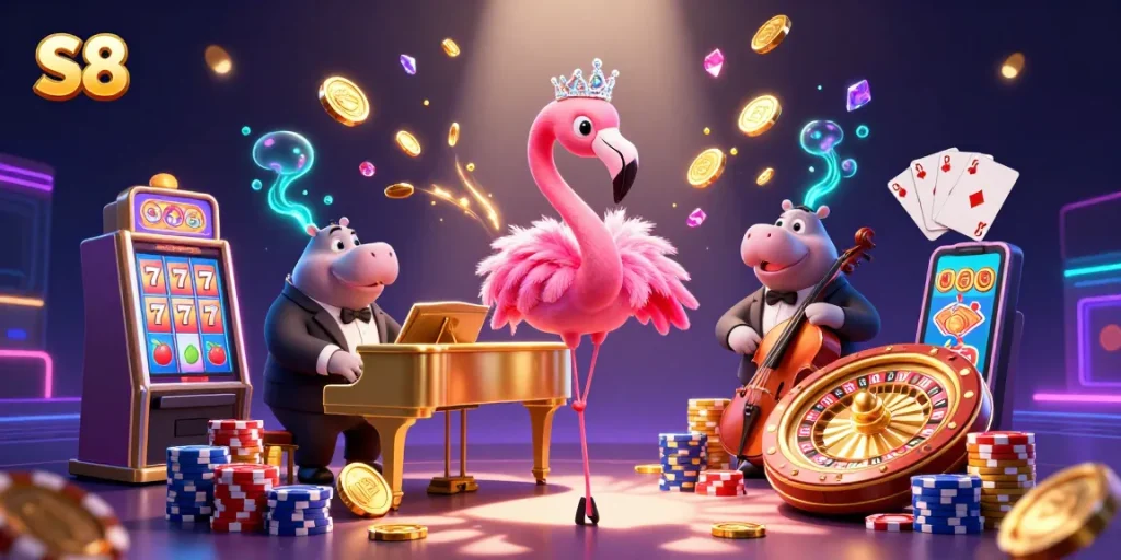 Engage with the vibrant S8 casino scene featuring a lounge singer flamingo, hippo bassist, and dynamic game elements.