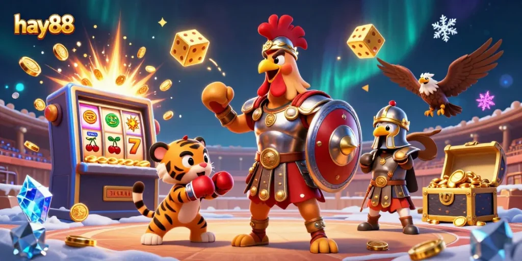 Play exciting games and win at hay88 with an engaging visual of a cartoon gladiator rooster in a dynamic casino scene.