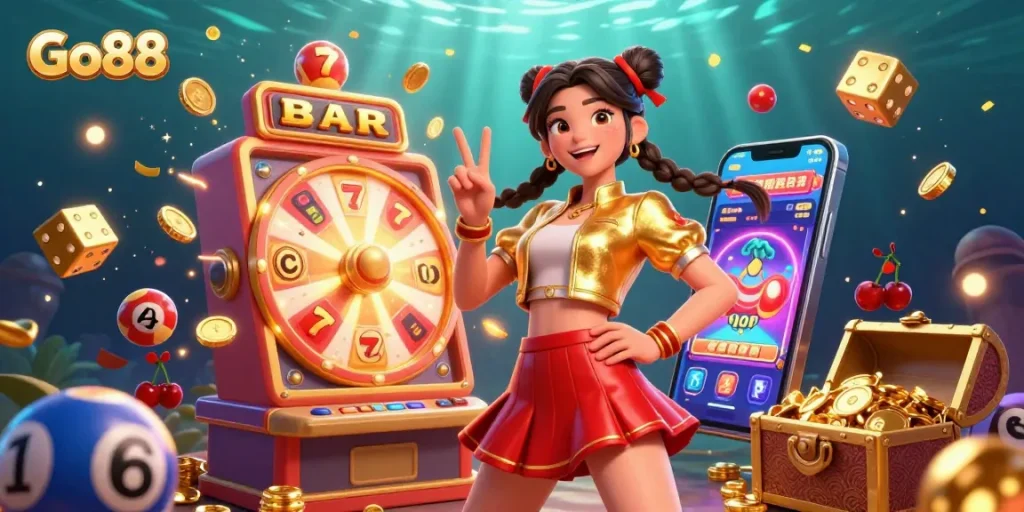 Experience the thrill of Go88 as vibrant characters celebrate amidst jackpots and colorful casino action.