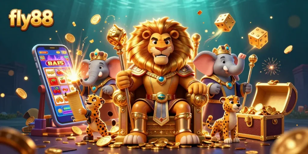 Experience winning at fly88 with the lion king and vibrant casino elements in a dynamic 3D scene.