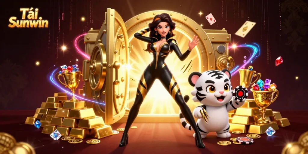 Tải Sunwin: Experience thrilling gaming adventures with vibrant casino elements in a rich 3D illustration.