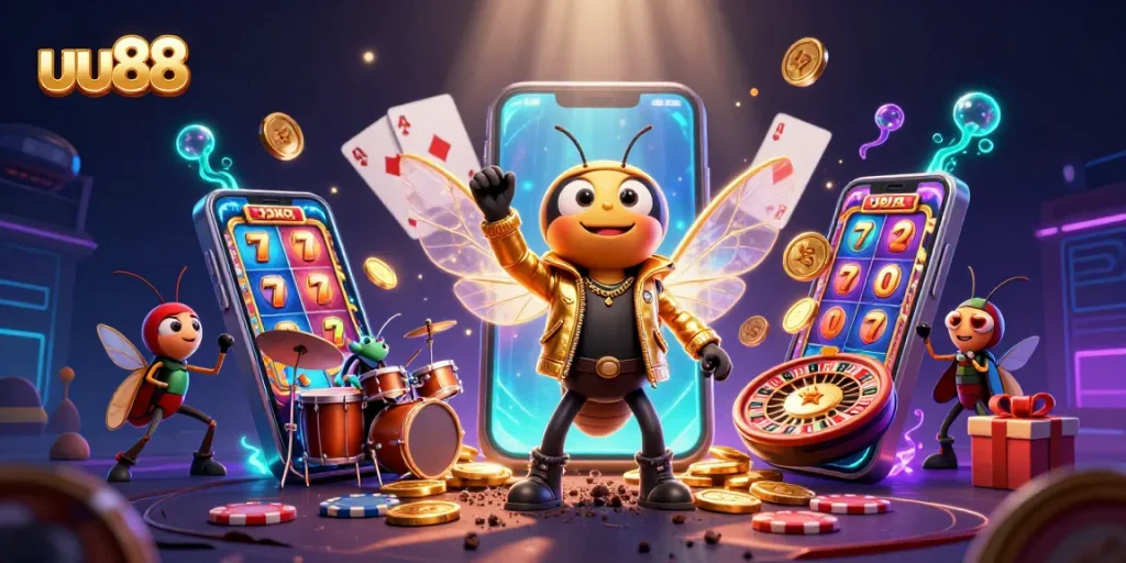 Experience thrilling slots and dynamic games with uu88 in this vibrant 3D casino scene.