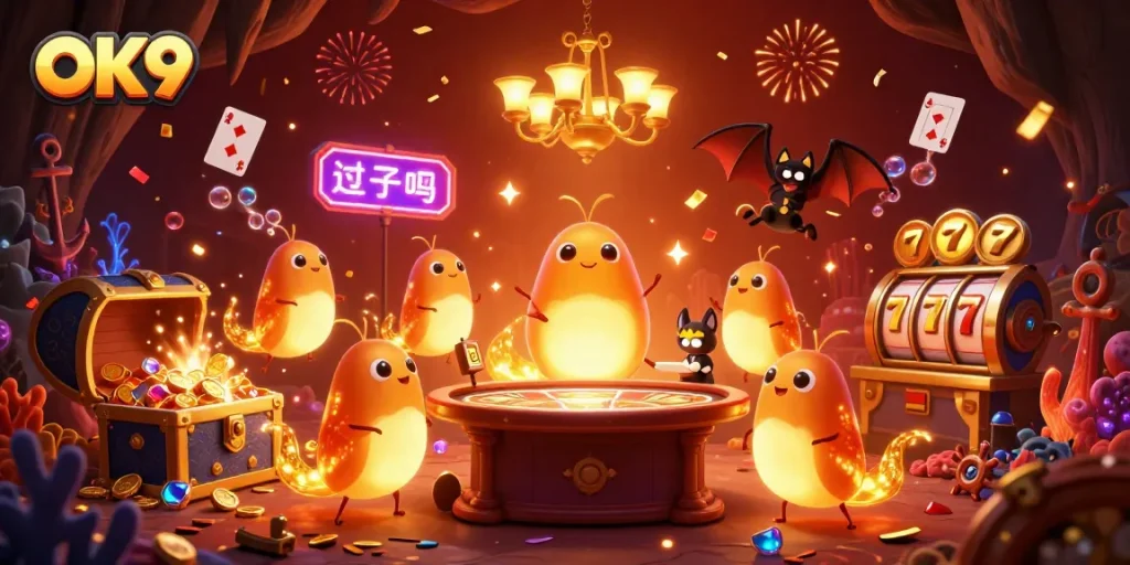 Spin slots and win with OK9 in this vibrant 3D casino illustration featuring glowing elements.