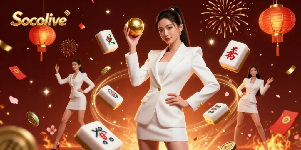Socolive showcases live betting excitement with an elegant Asian woman holding a roulette ball amidst vibrant casino elements.