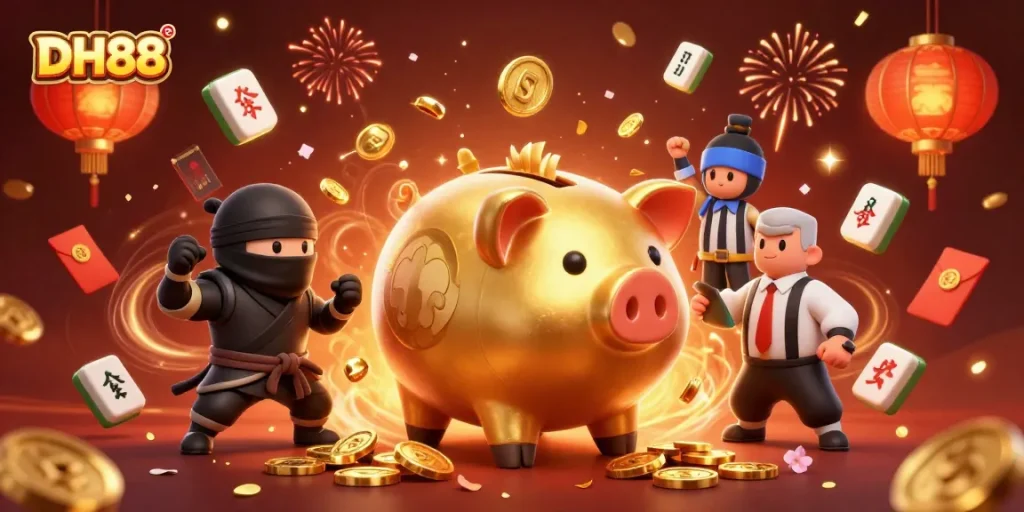 Experience thrilling gaming with DH88 as a golden pig sumo wrestles amidst an explosion of winning symbols.