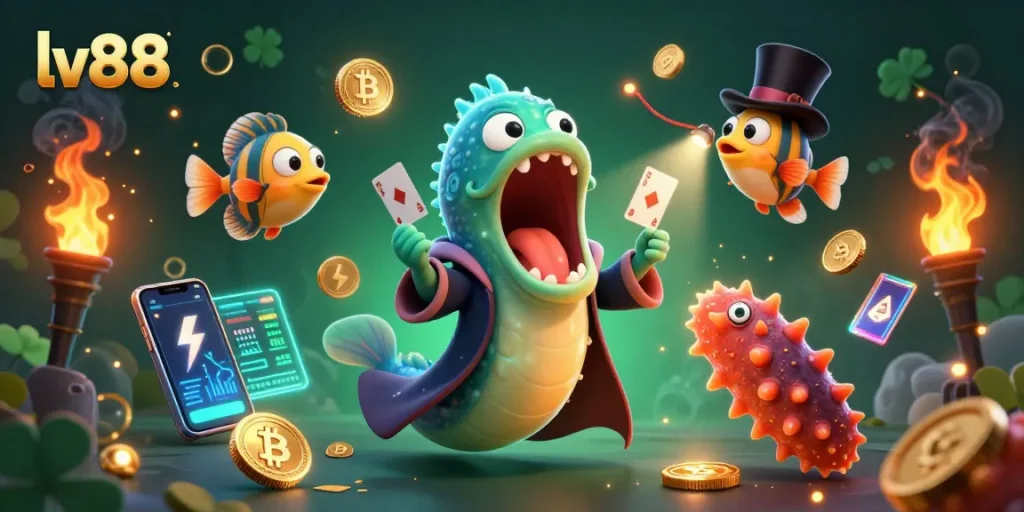Experience the magic of lv88 as an eel performs card tricks illuminated by an anglerfish spotlight.