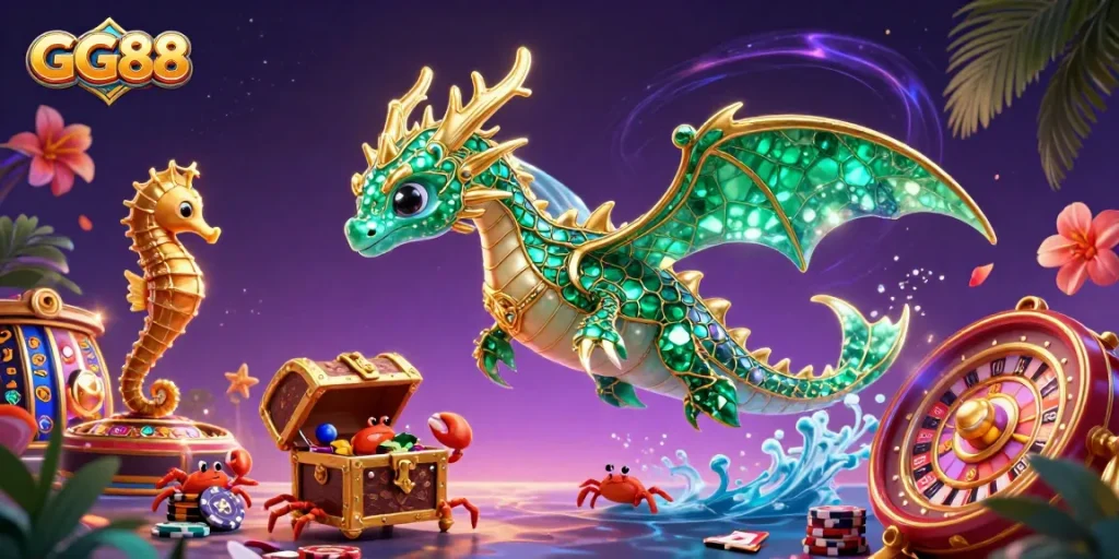 Experience GG88's vibrant casino excitement with thrilling games and treasure in a captivating scene.