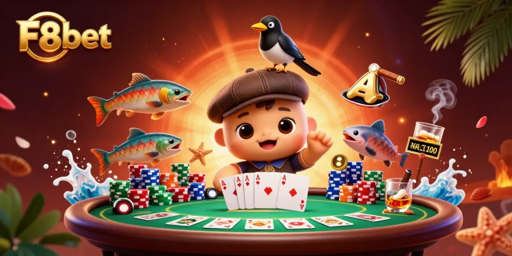 Engage with F8bet's playful casino scene featuring Nessie and vibrant poker elements.