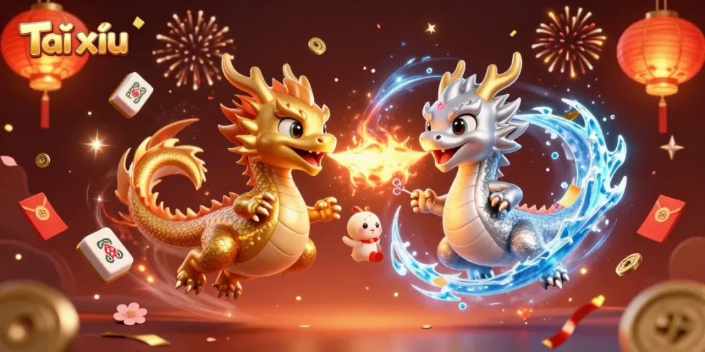 Experience the thrill of Tài xỉu as fiery dragons and golden symbols create a captivating gaming scene.