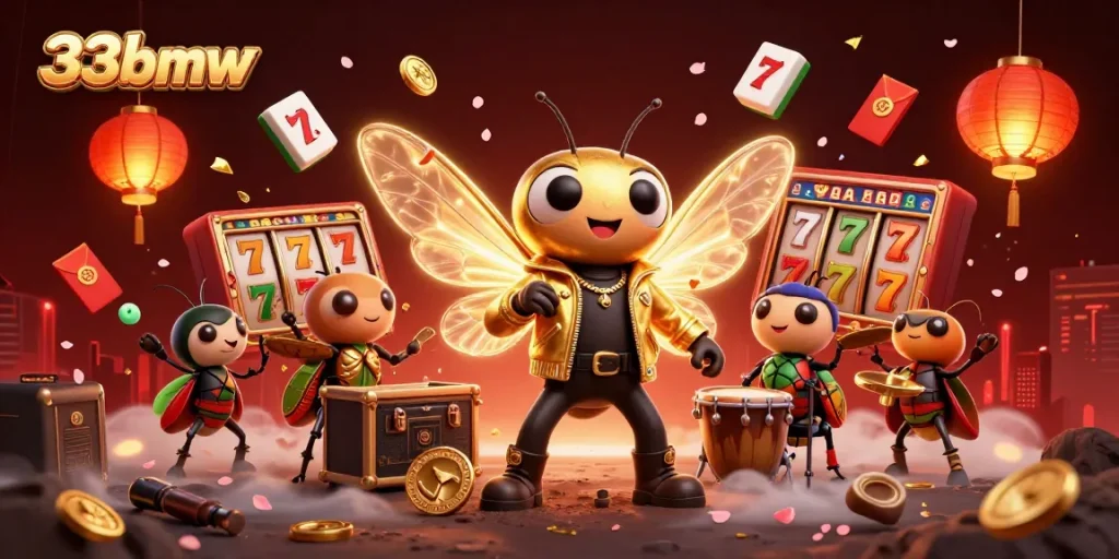 Engage with 33bmw's vibrant online casino experience featuring a rock star theme amidst animated game elements.