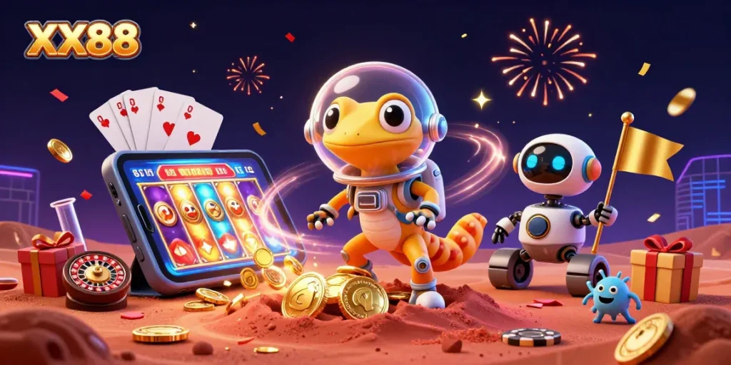 Spin to win with XX88 as the Martian gecko discovers a golden casino in Mars sand.
